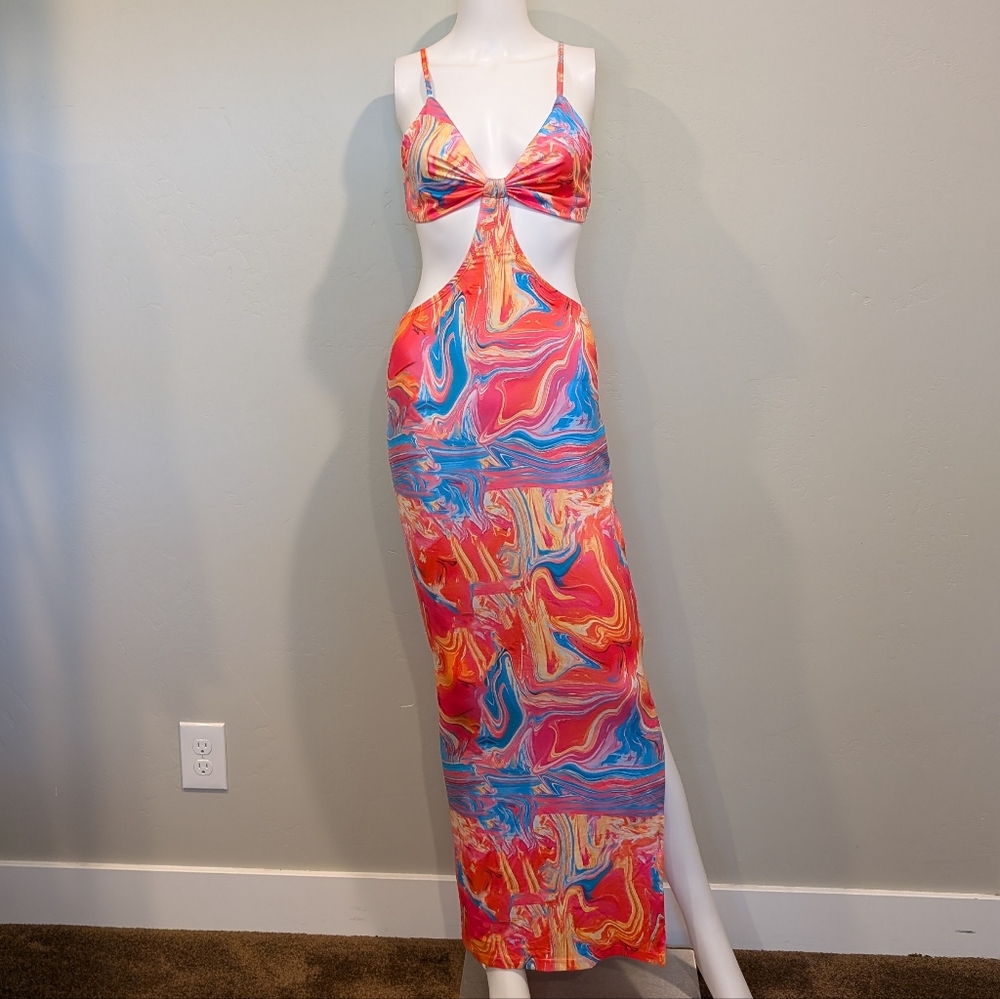 SHEIN Marble Tie Dye Open Back Slit Hem Blue And Pink Beach Maxi Dress Medium
